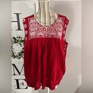 Simply Emma Red Sleeveless Embroidered Yoke Camisole